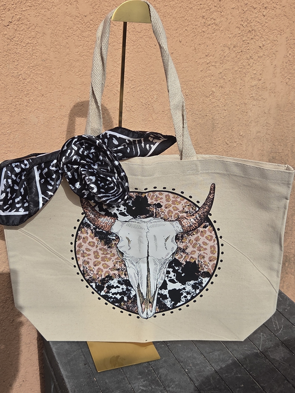 Canvas Tote Bag with Western Skull Graphic - Beige & Black Accents